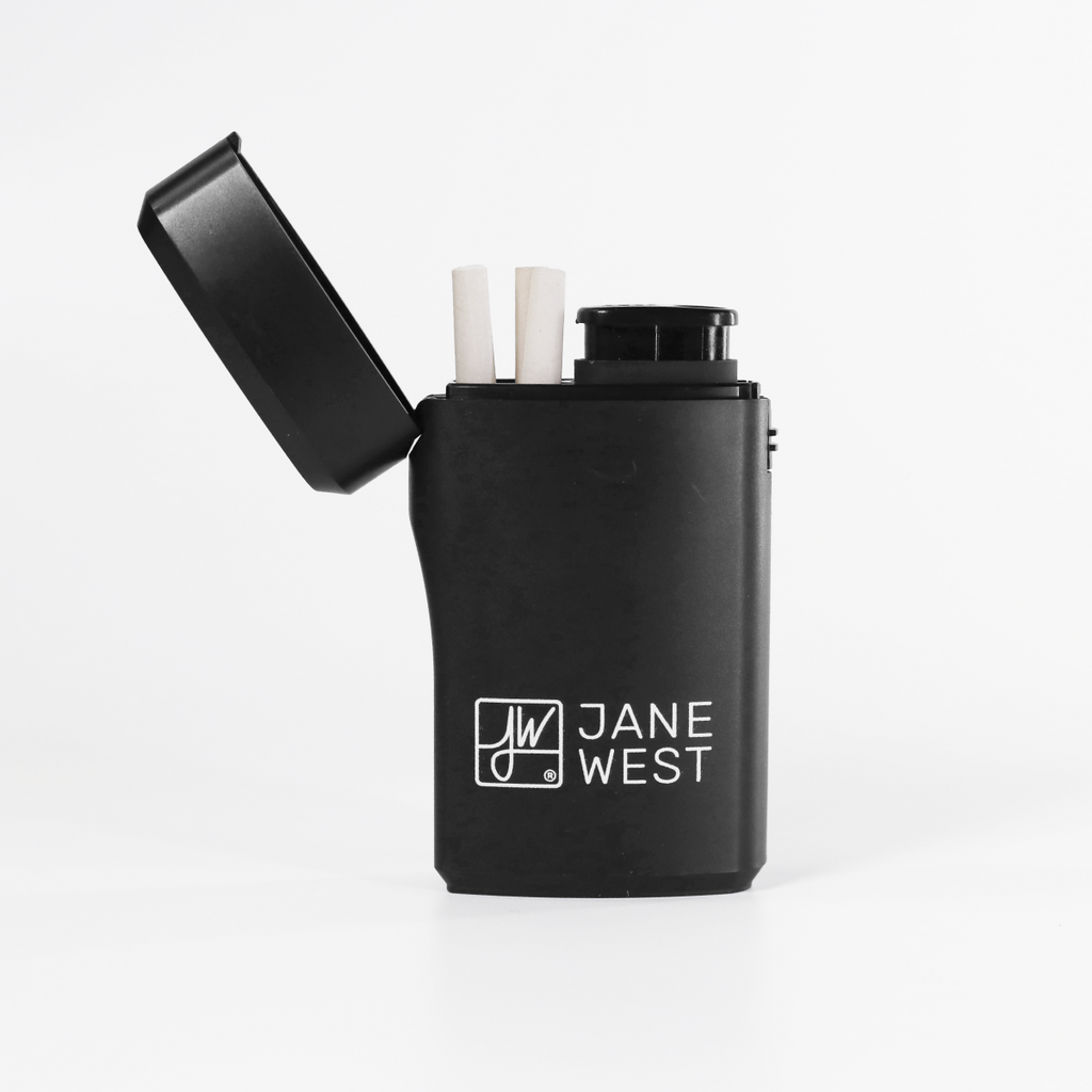 Black Jane West vape pen case with two white vape pens on a white background