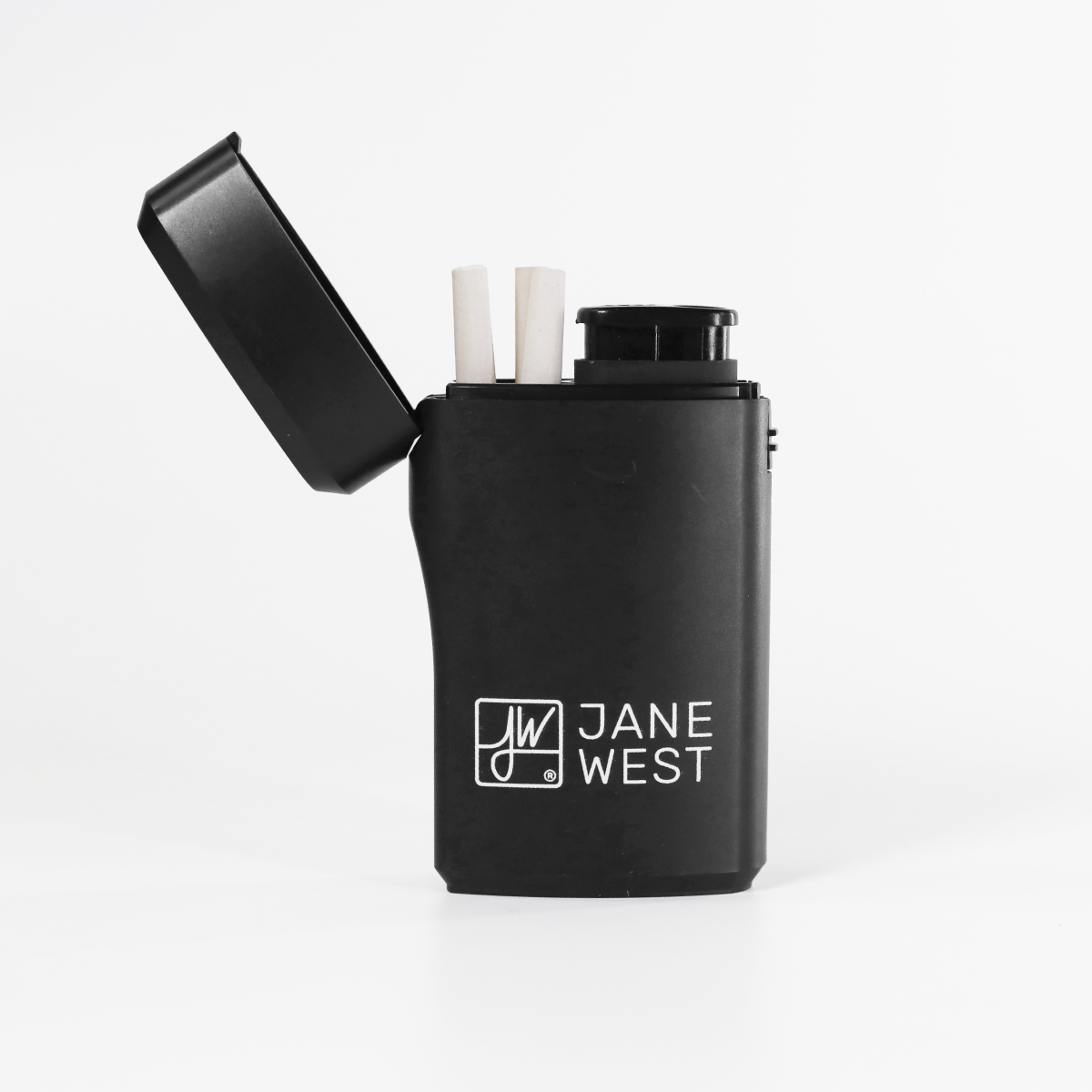 Black Jane West vape pen case with two white vape pens on a white background