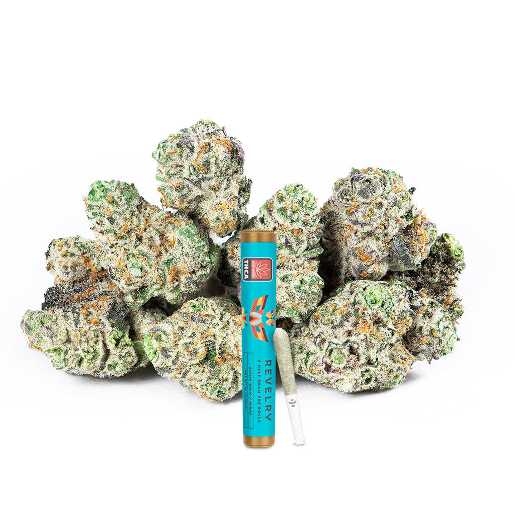 Marijuana buds and a vape pen with 'Revelry' branding on a white background
