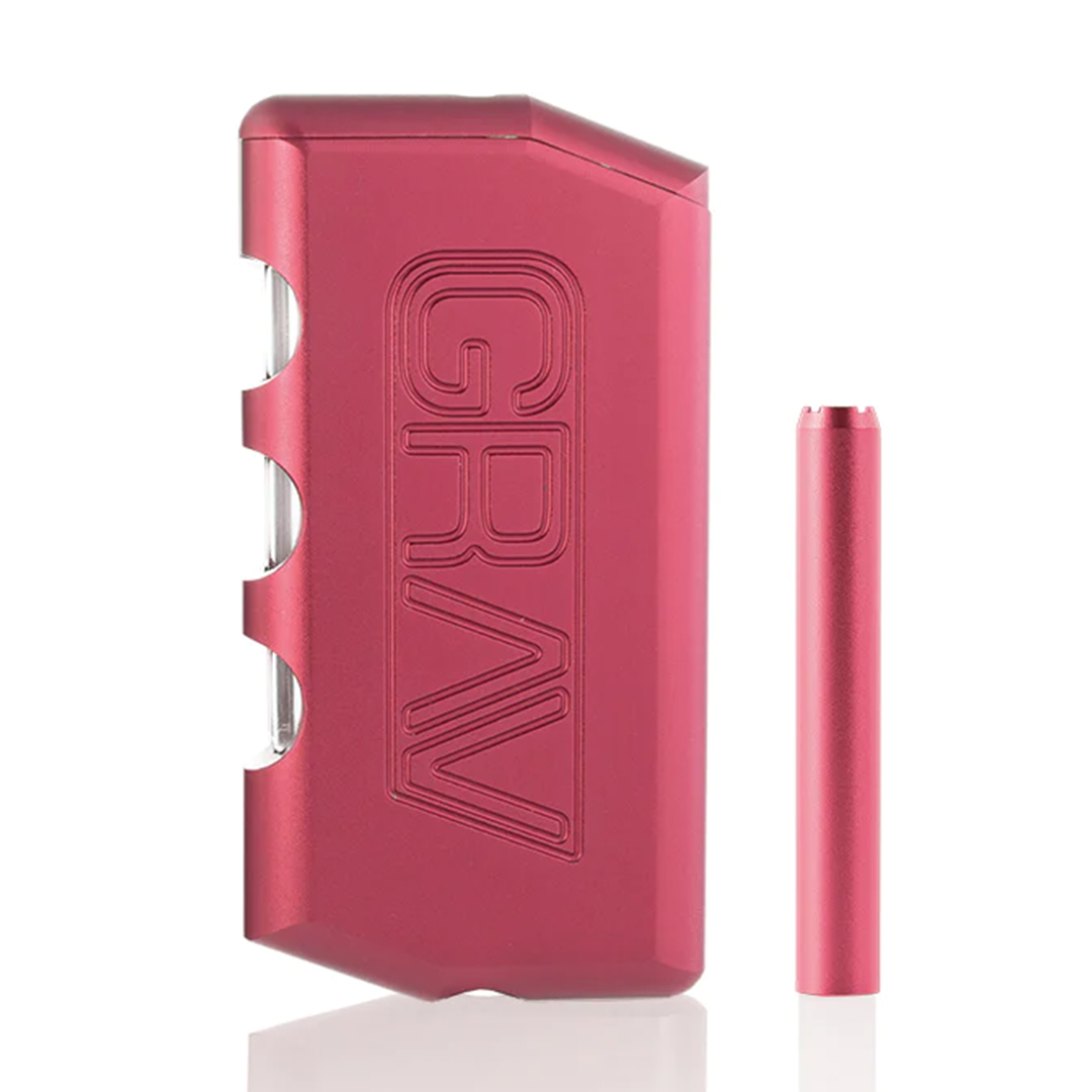 Blush red metal Dugout device with 'GRAV' branding on a white background
