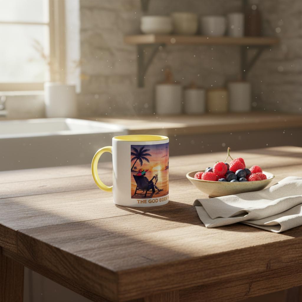 Mug with a scenic design on a wooden table in a kitchen.
