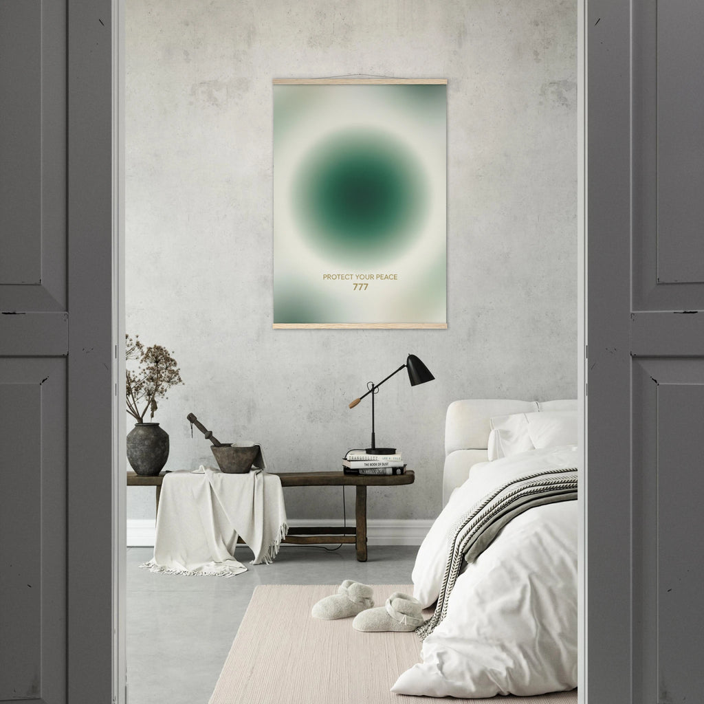 Modern bedroom with a green abstract wall art piece.