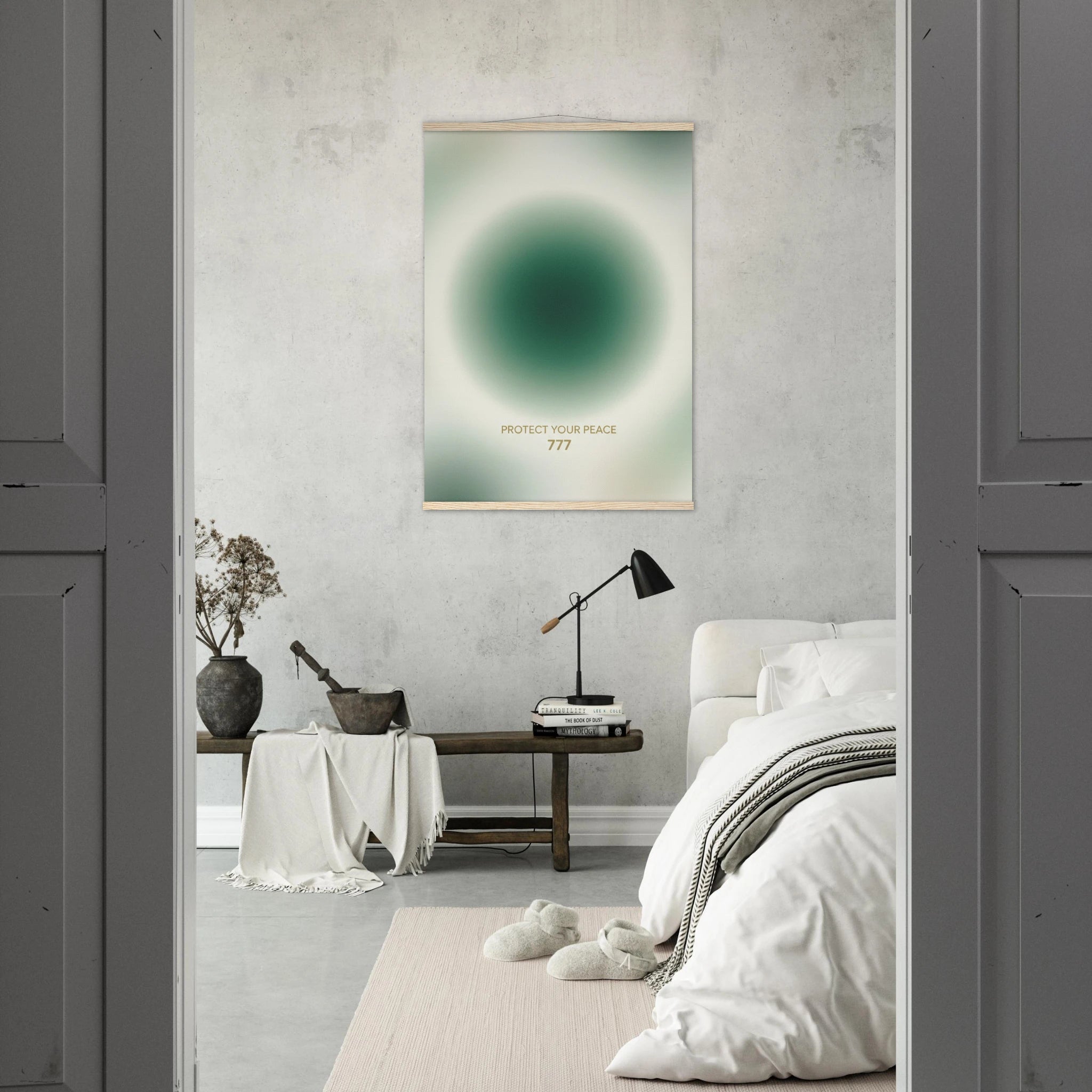 Modern bedroom with a green abstract wall art piece.