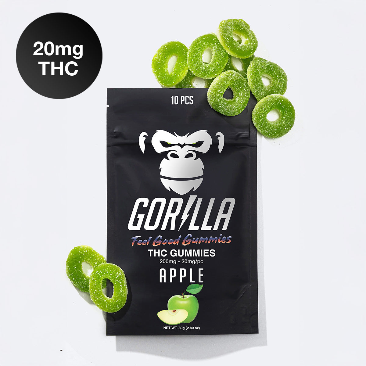 Gorilla brand THC gummies packaging with green apple gummies on a white background
