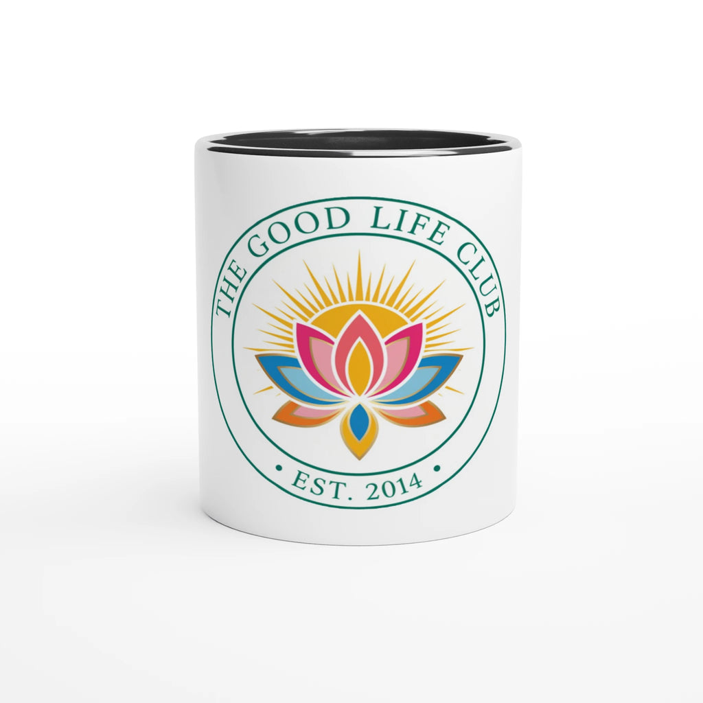 White mug with 'The Good Life Club' logo featuring a colorful lotus flower on a white background