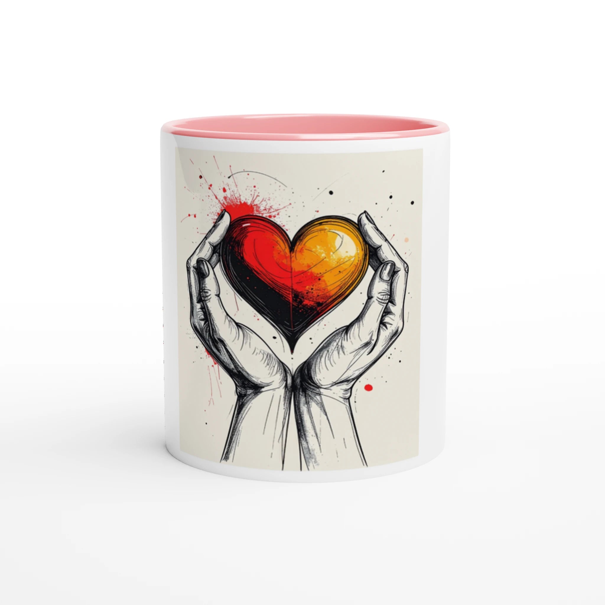 Mug with a design of hands holding a heart on a white background