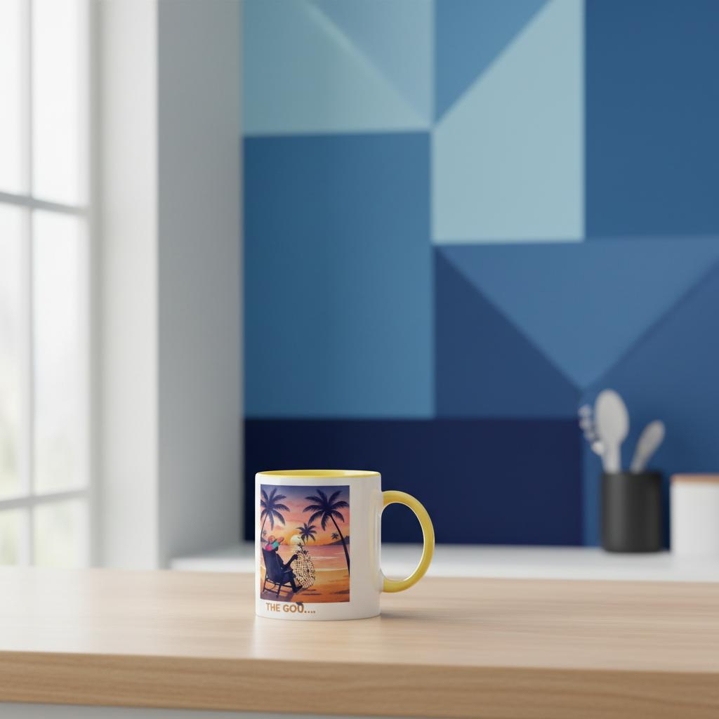 Mug with a scenic design on a wooden table with a geometric wall in the background