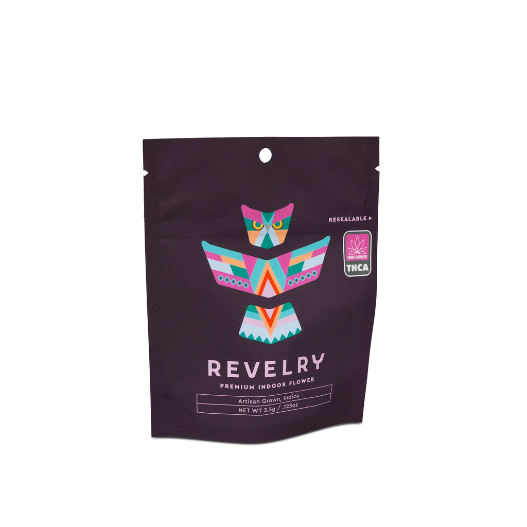 Revelry branded packaging with owl design on a white background