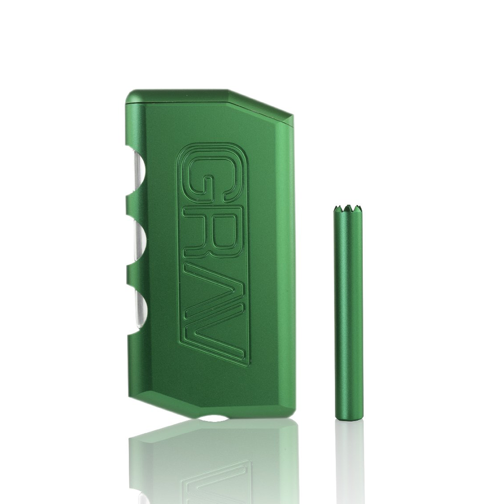 Green metal Dugout device with 'GRAV' branding on a white background