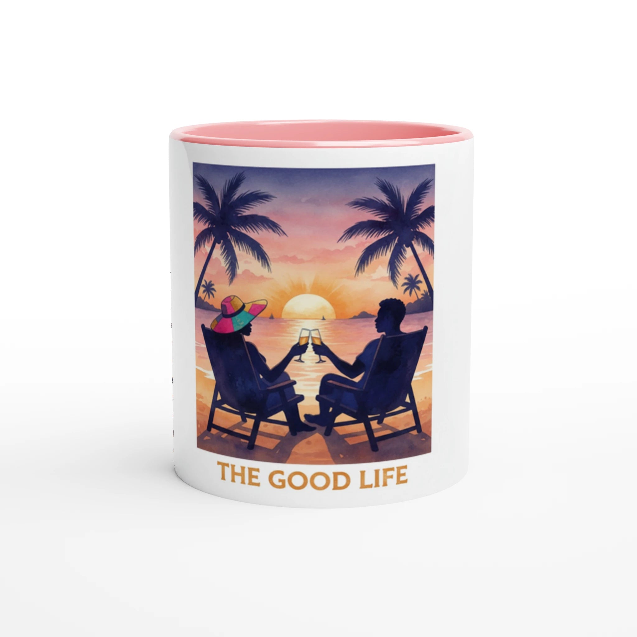 Mug with a design of two people on lounge chairs at sunset, palm trees, and 'The Good Life' text.