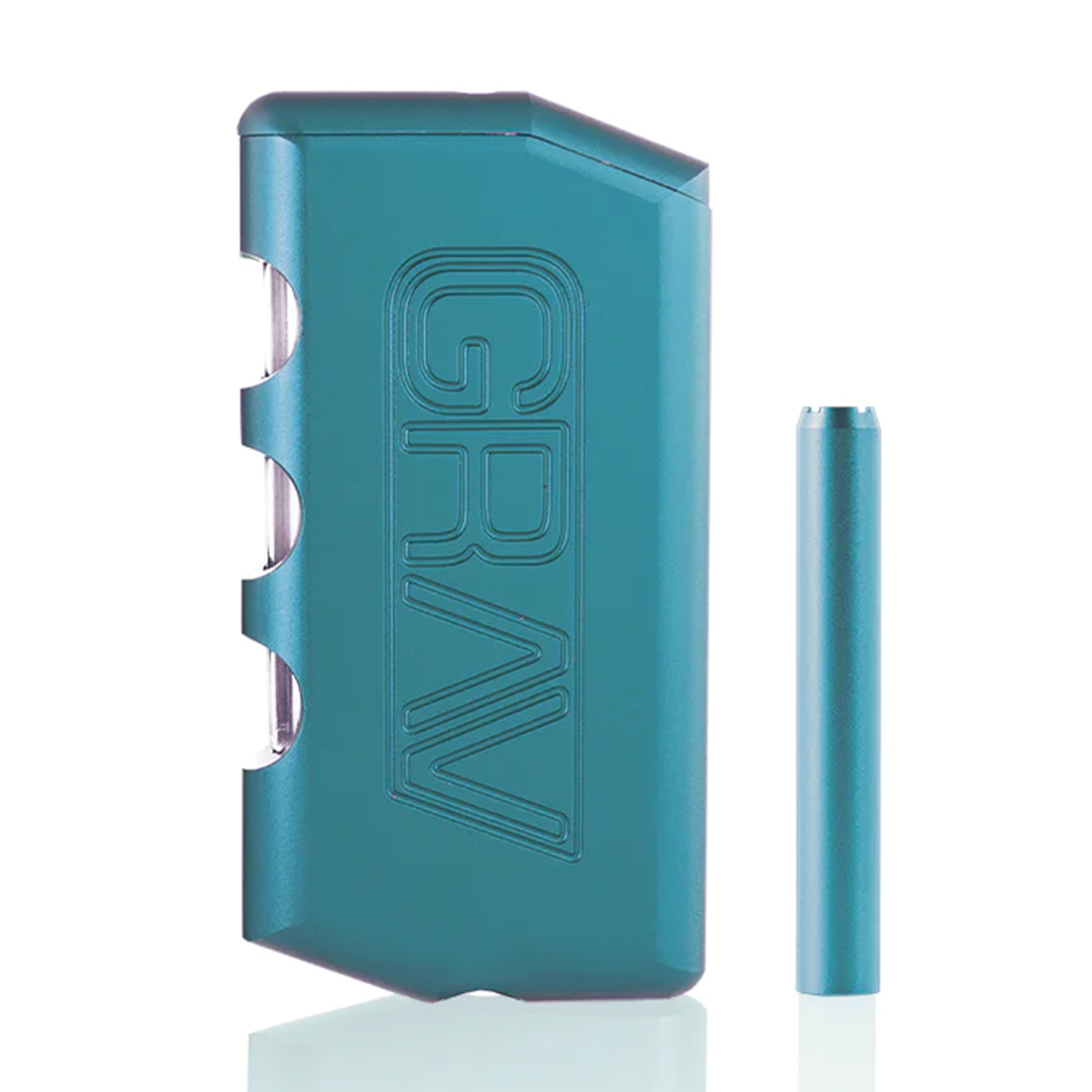 Teal metal Dugout device with 'GRAV' branding on a white background