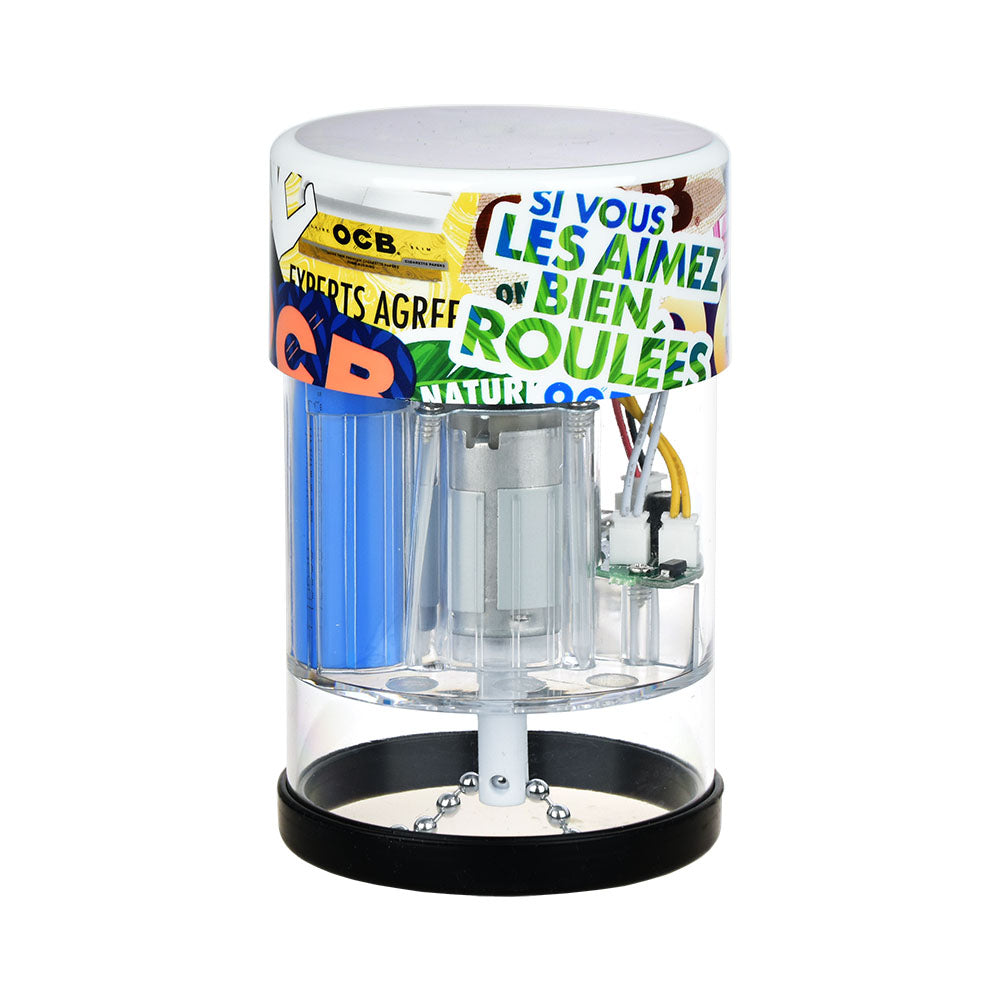 Rotating pencil holder with colorful OCB branding on a white background
