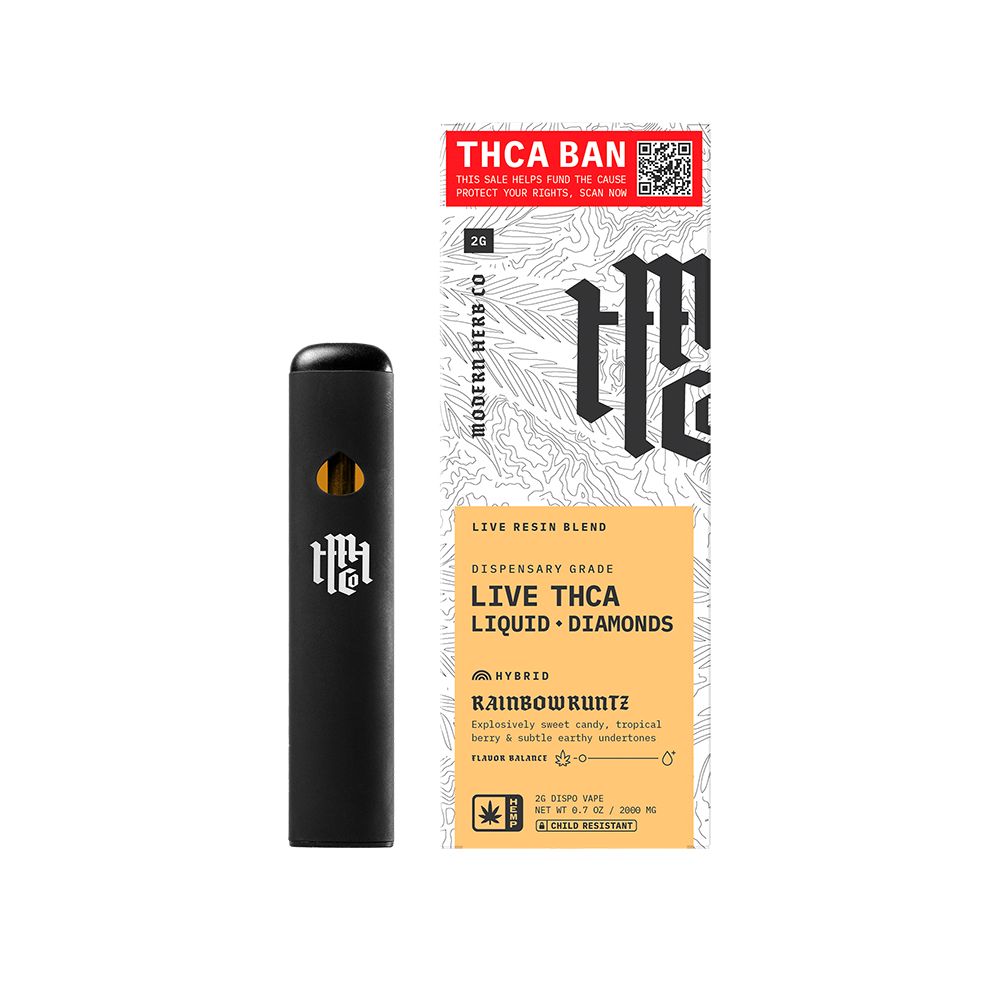 Black vape pen with THCA Ban packaging on a white background