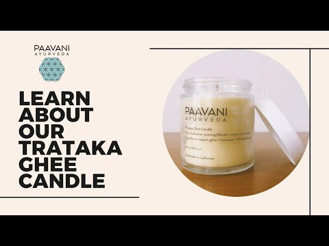 Paavani Ayurveda Trataka Ghee candle with brand logo and text on a white background