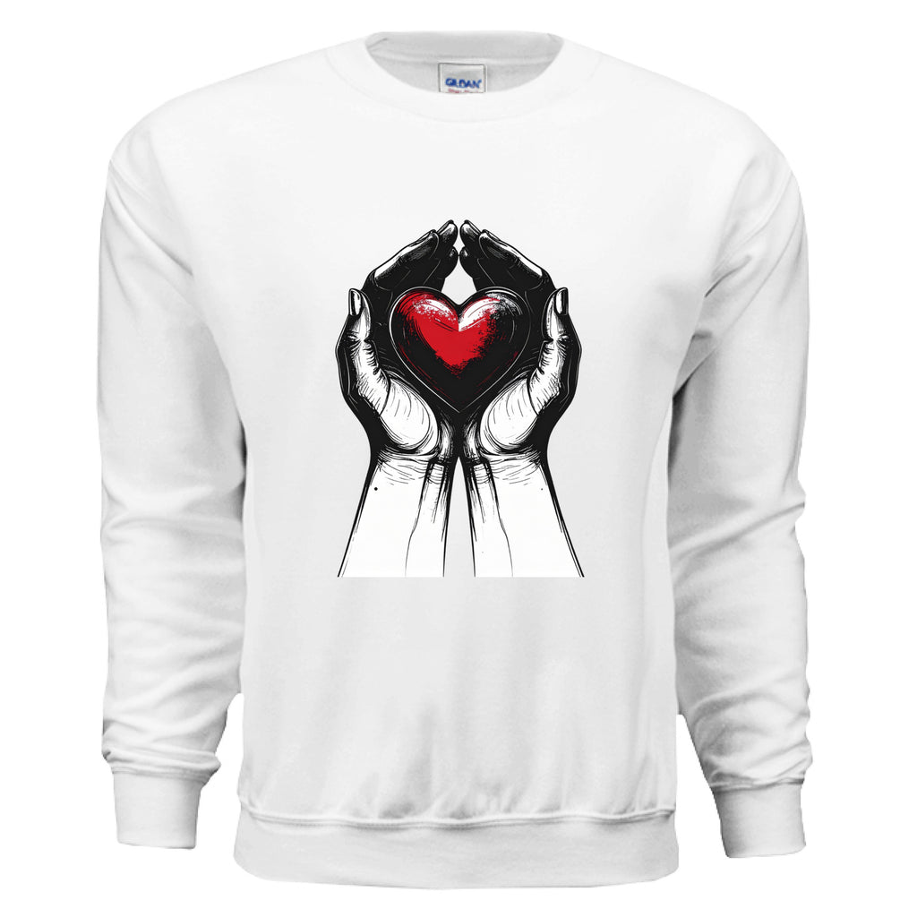White sweatshirt with a graphic of hands holding a red heart design on a white background