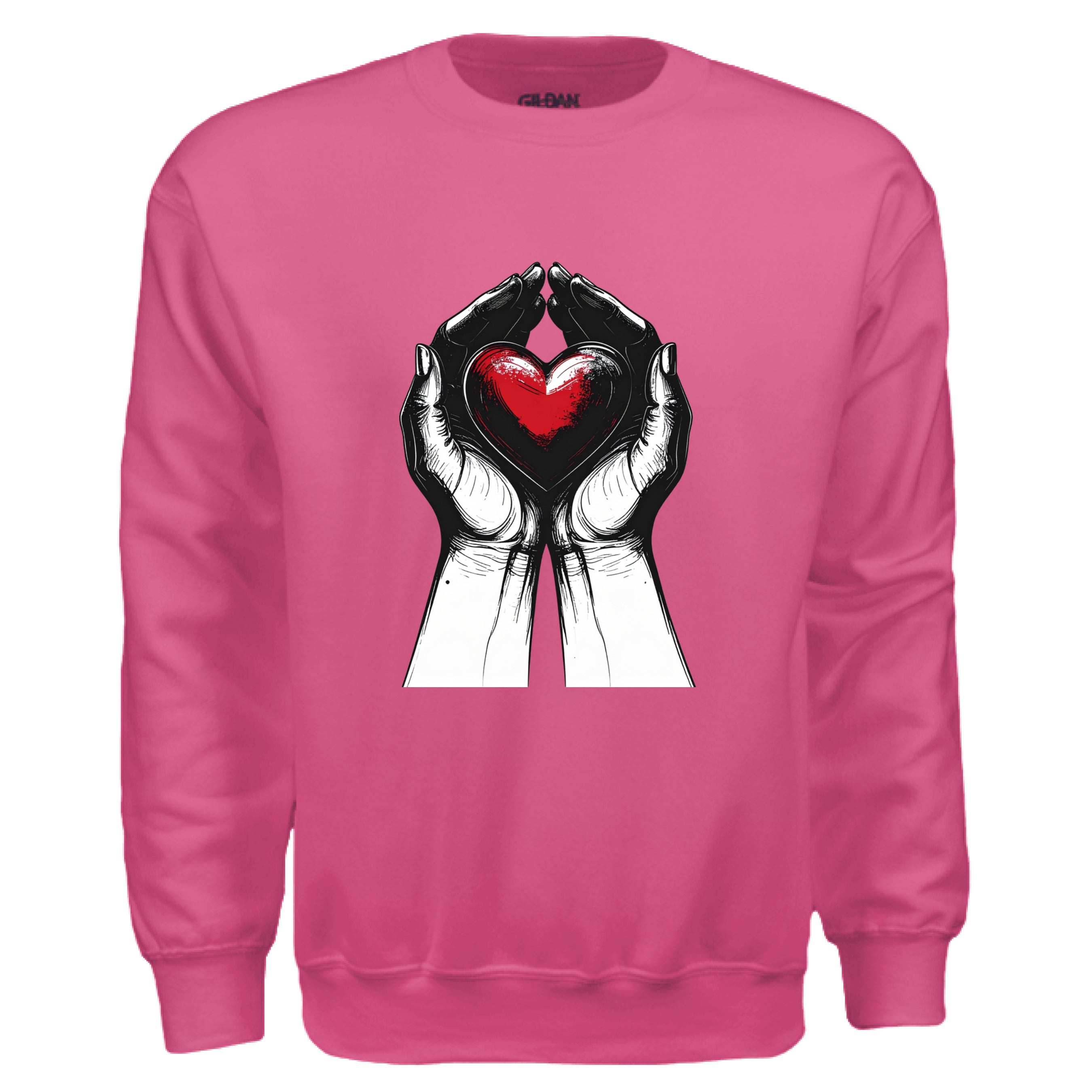 Pink sweatshirt with a graphic of hands holding a heart design on a white background
