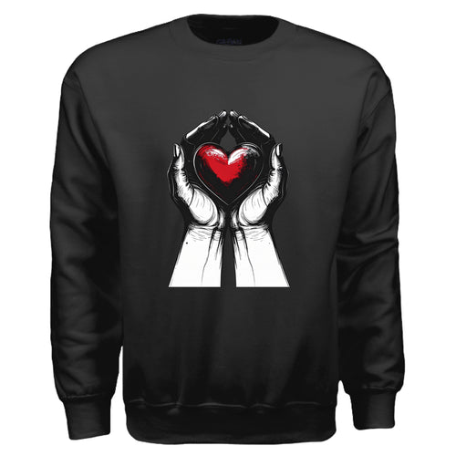 Black sweatshirt with a graphic of hands holding a red heart design on a white background