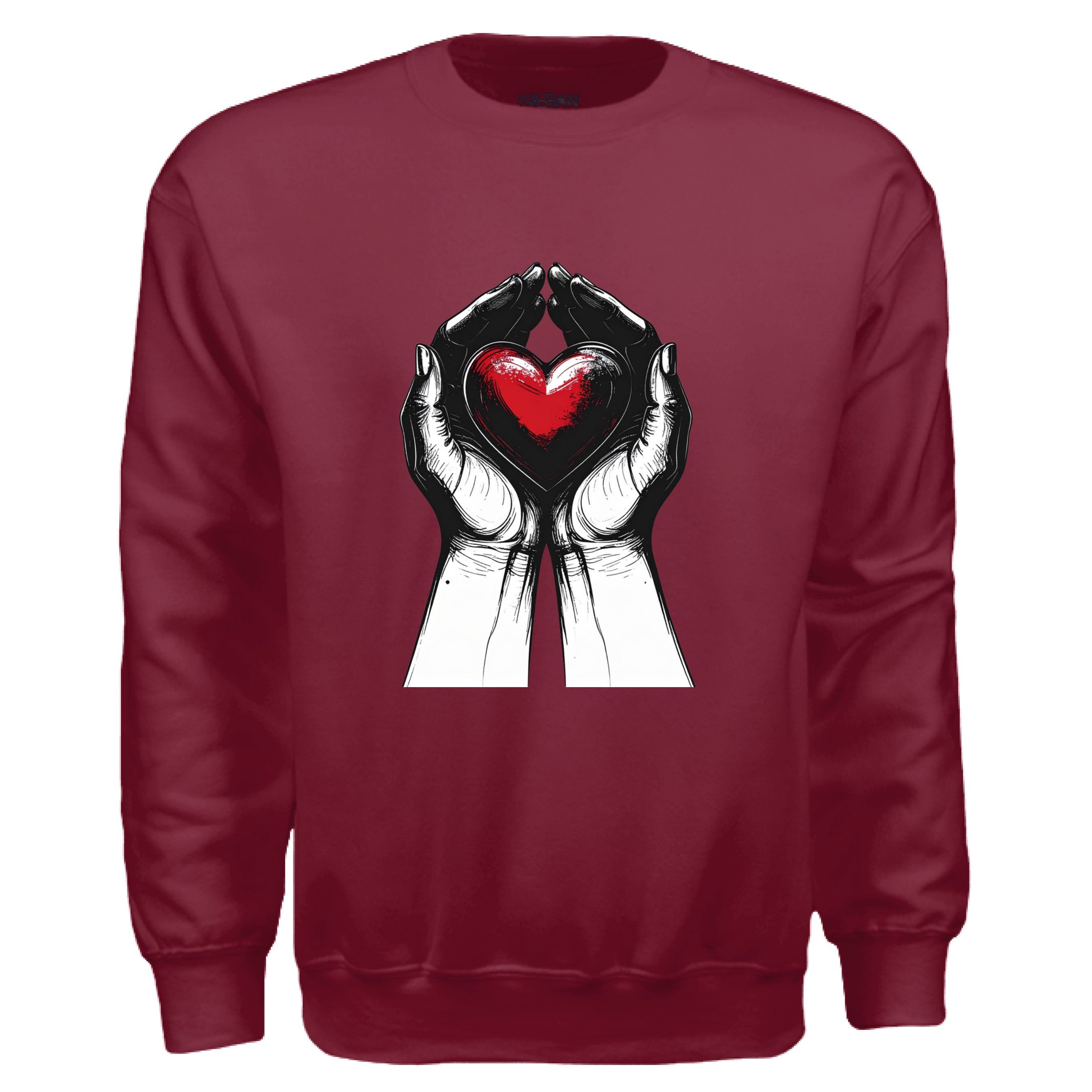 Maroon sweatshirt with graphic of hands holding a red heart on a white background