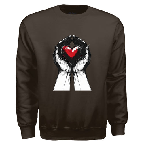 Brown sweatshirt with a graphic of hands holding a red heart on a white background