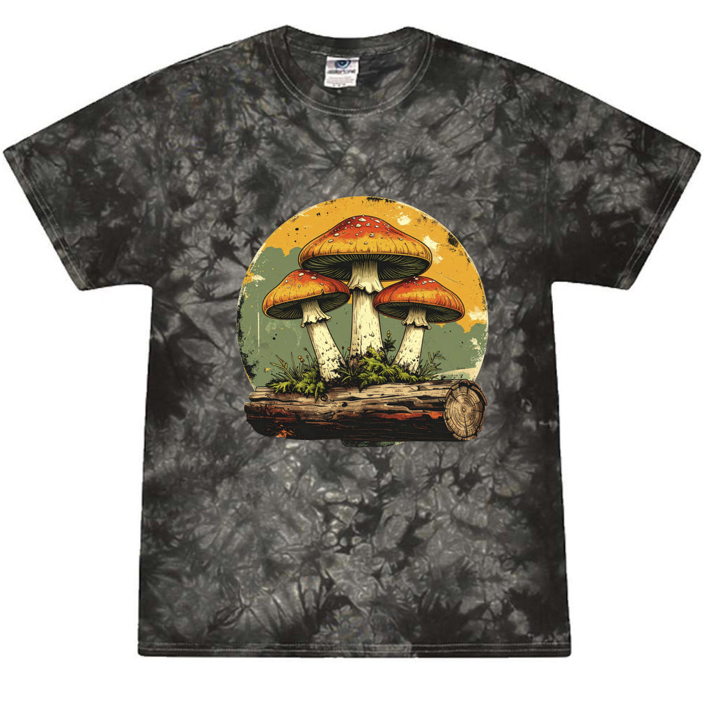 Tie-dye t-shirt with mushroom design on a white background