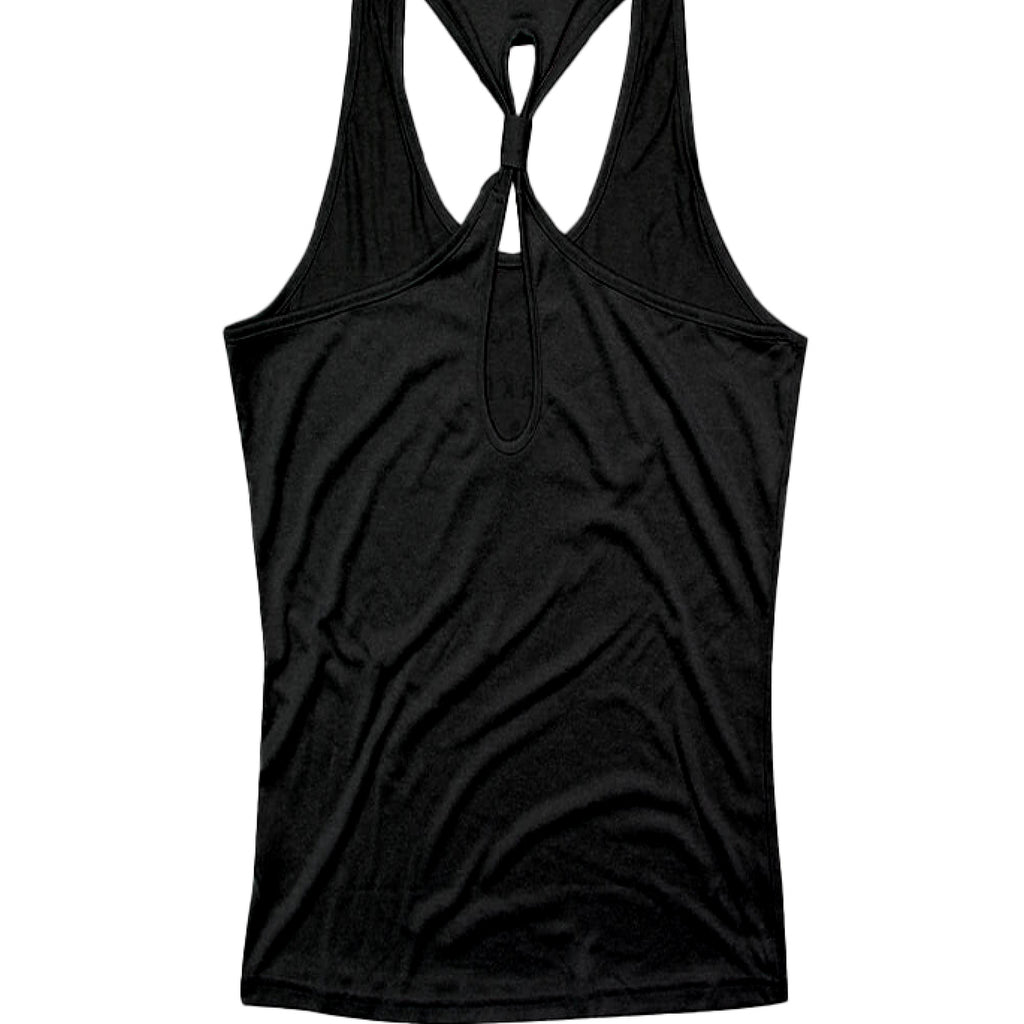 Black tank top with a unique cutout design on a white background