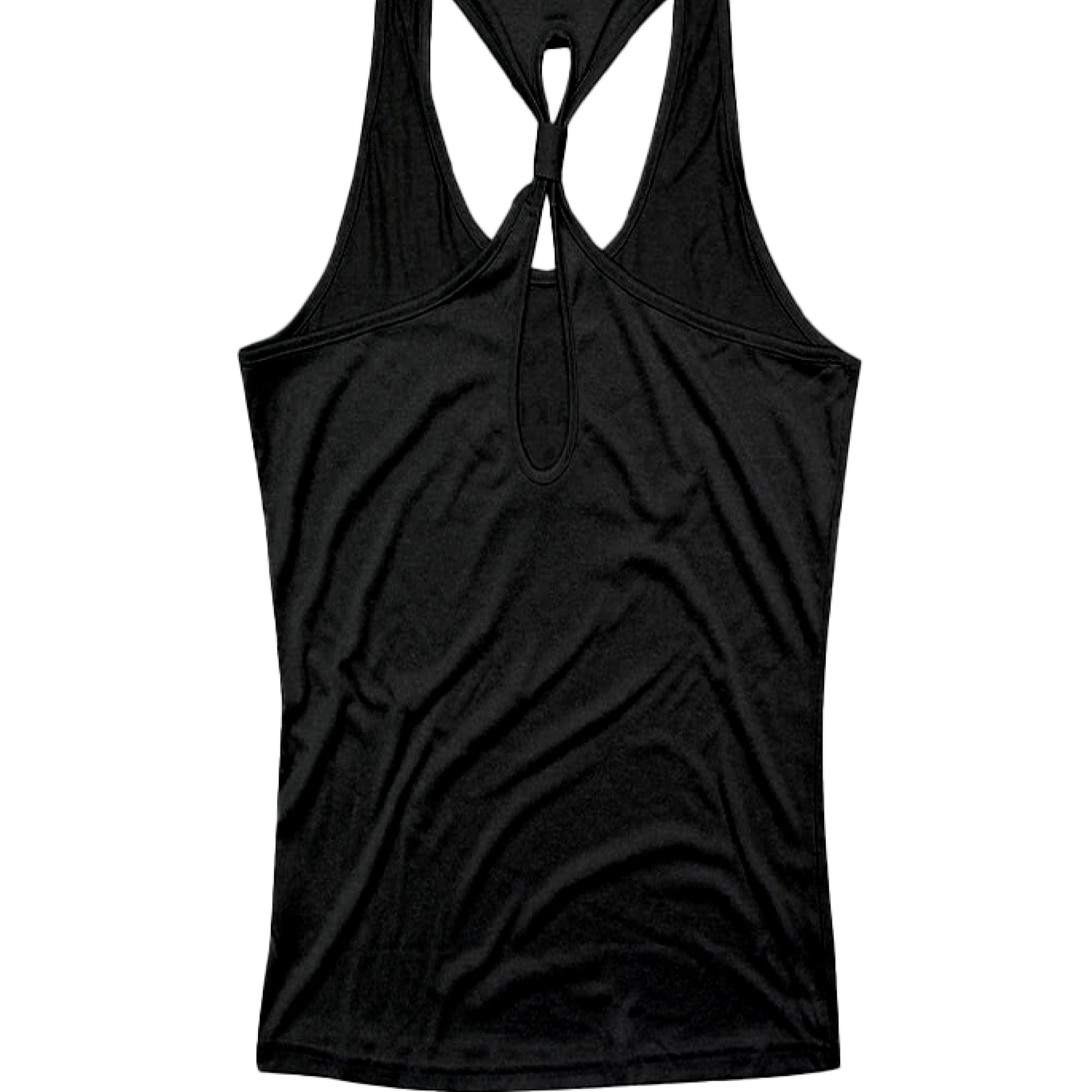 Black tank top with a unique cutout design on a white background