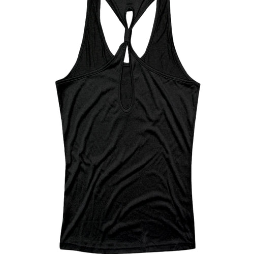 Black tank top with a unique cutout design on a white background