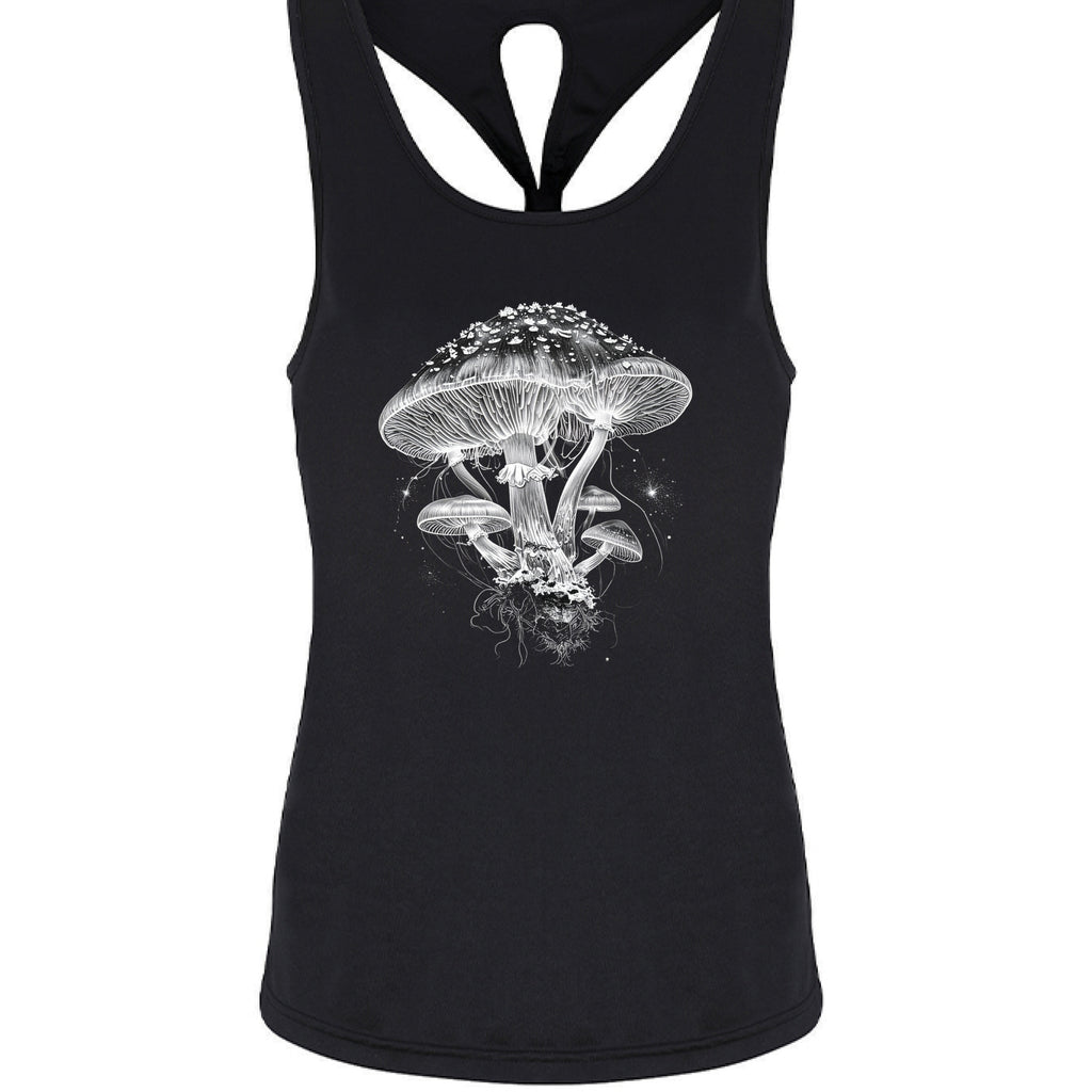Black tank top with white mushroom design on a white background