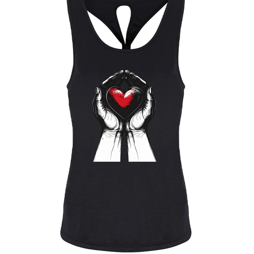 Black tank top with hands holding a red heart design on a white background
