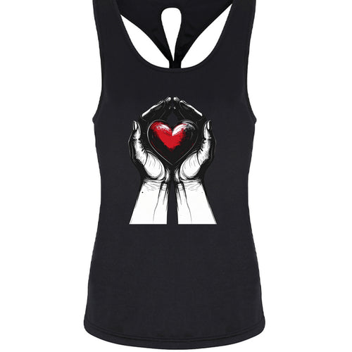 Black tank top with hands holding a red heart design on a white background