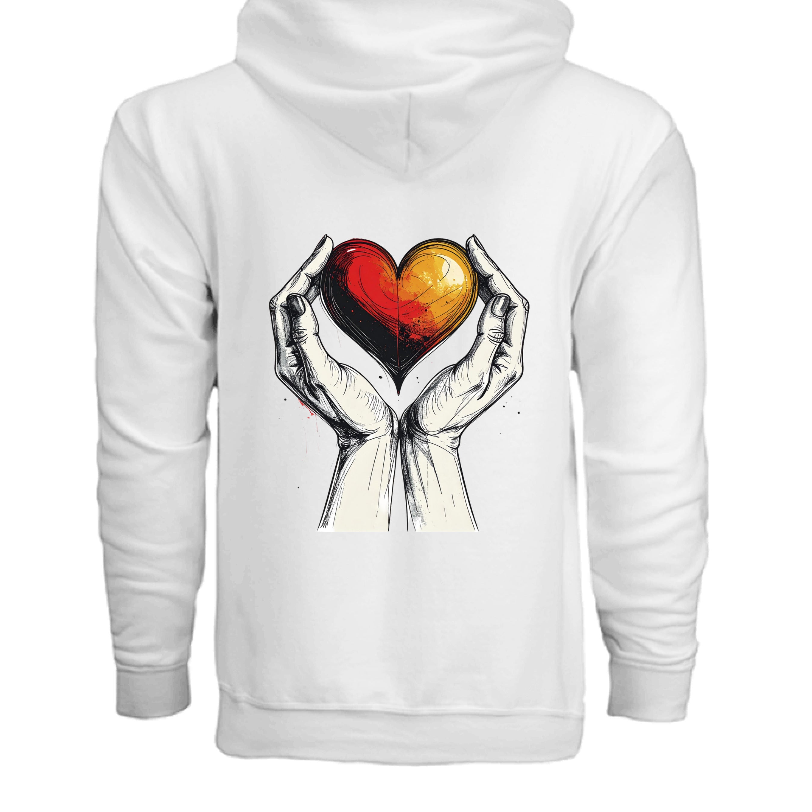 White hoodie with a graphic of hands holding a heart on the back against a white background
