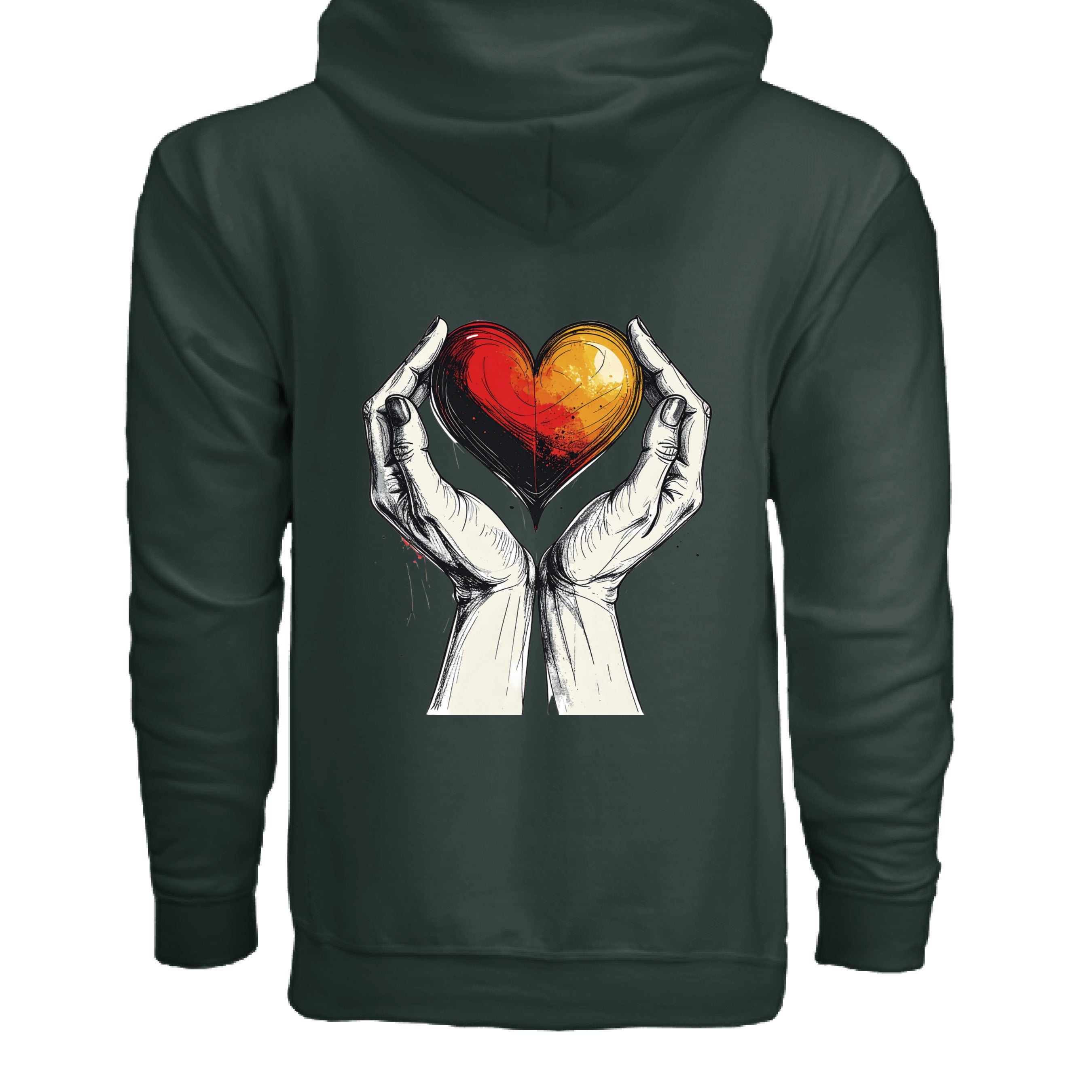 Black hoodie with a graphic of hands holding a heart on the back