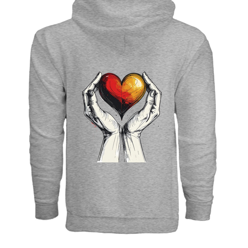 Gray hoodie with a graphic of hands holding a heart design on the chest.