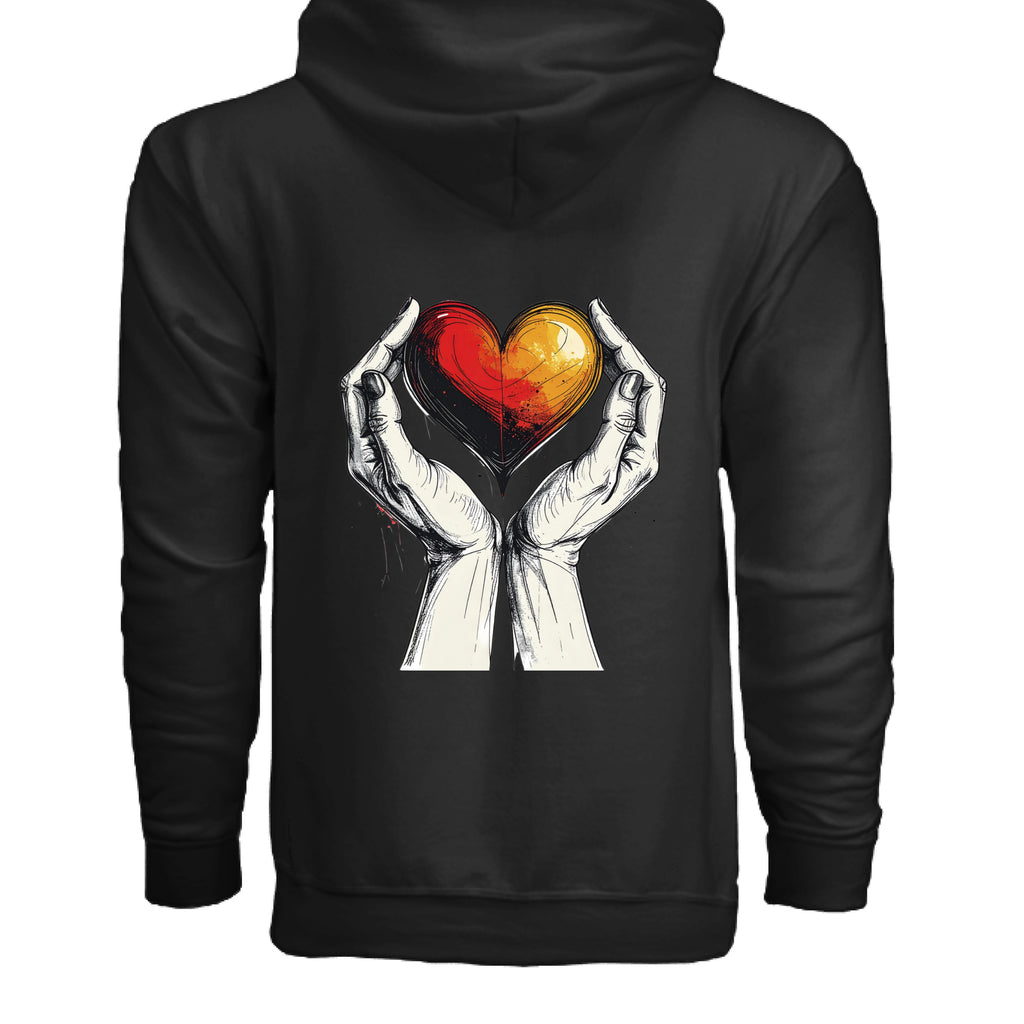 Black hoodie with a graphic of hands holding a heart on the back