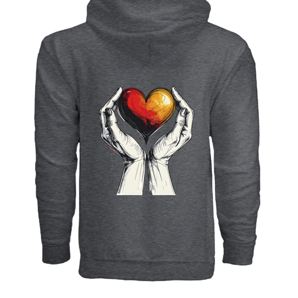 Dark gray hoodie with a graphic of hands holding a heart on the back