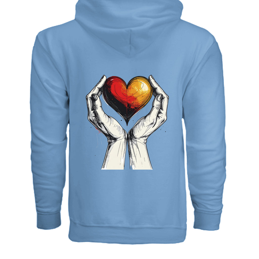 Light blue hoodie with a graphic of hands holding a heart on the back against a white background