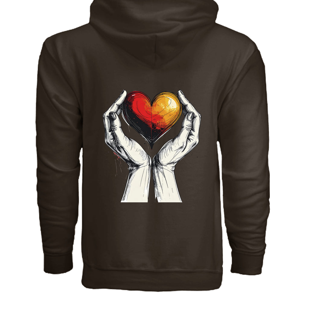 Brown hoodie with a graphic of hands holding a heart on the back