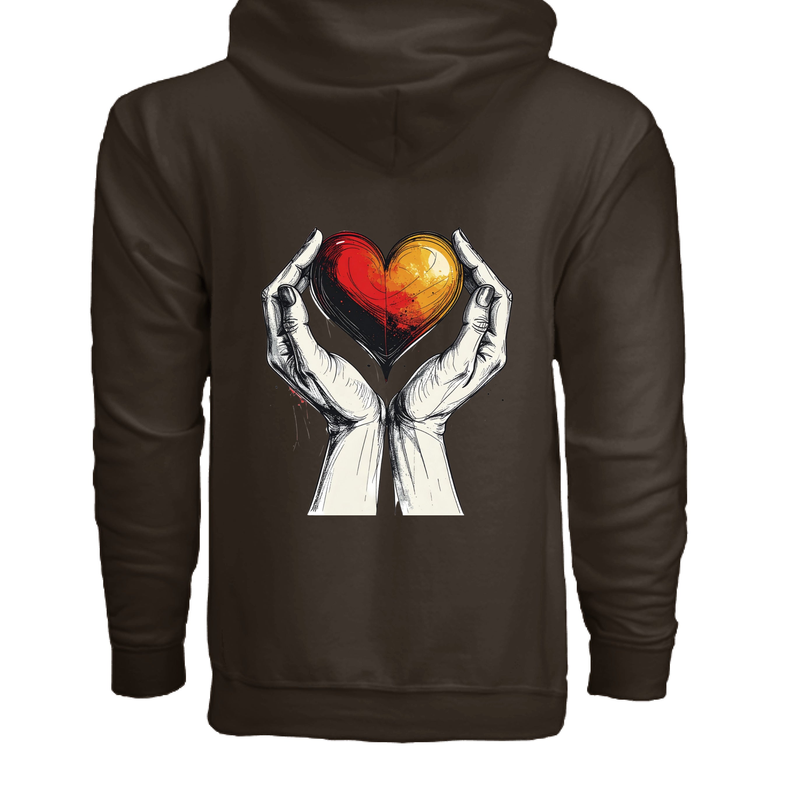 Brown hoodie with a graphic of hands holding a heart on the back
