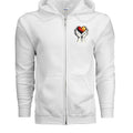 White hoodie with a design of two hands holding a heart on a white background