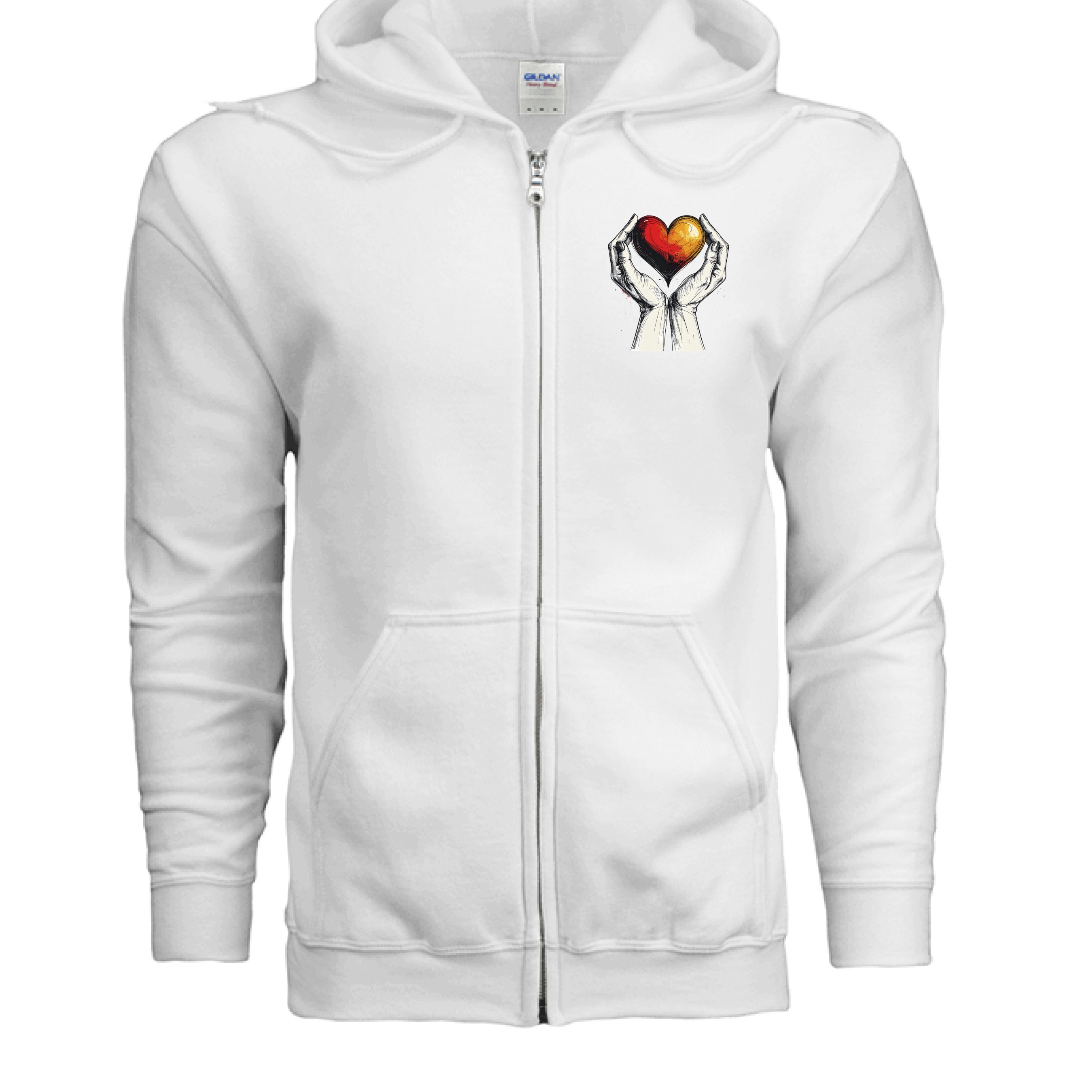 White hoodie with a design of two hands holding a heart on a white background