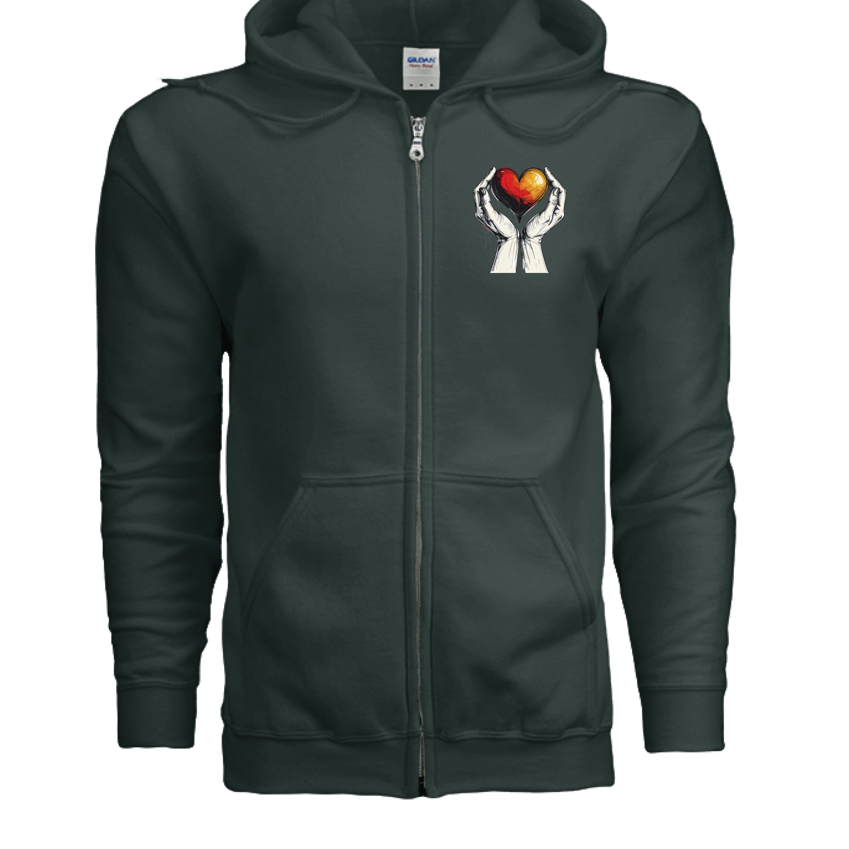 Brown hoodie with a graphic of hands holding a heart on the chest area against a white background