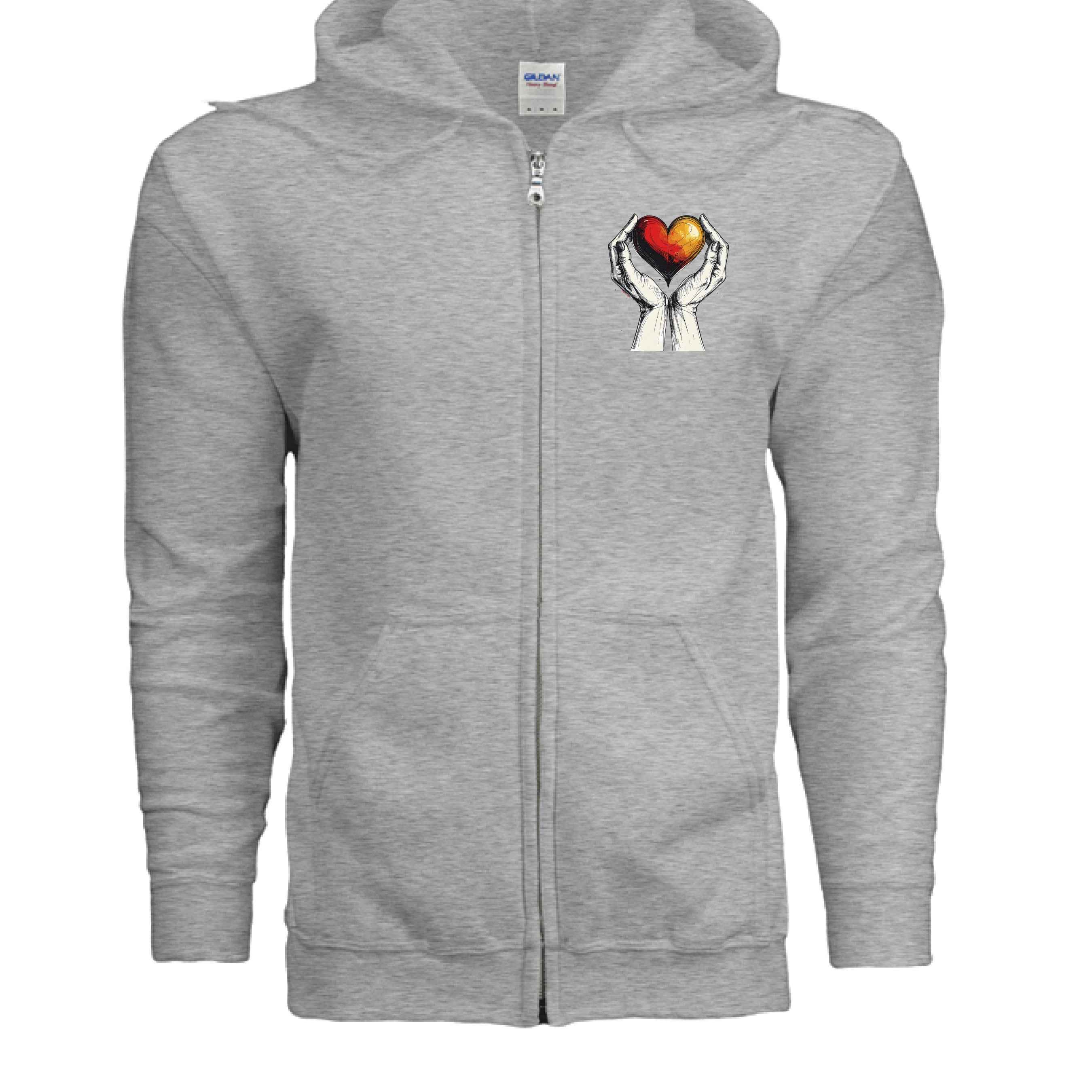 Gray hoodie with a design of two hands holding a heart on a white background