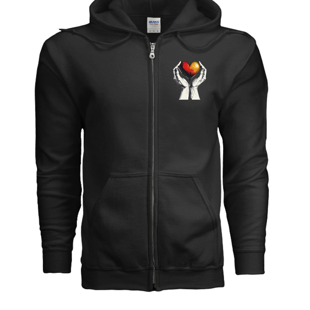 Black hoodie with a graphic of hands holding a heart on a white background
