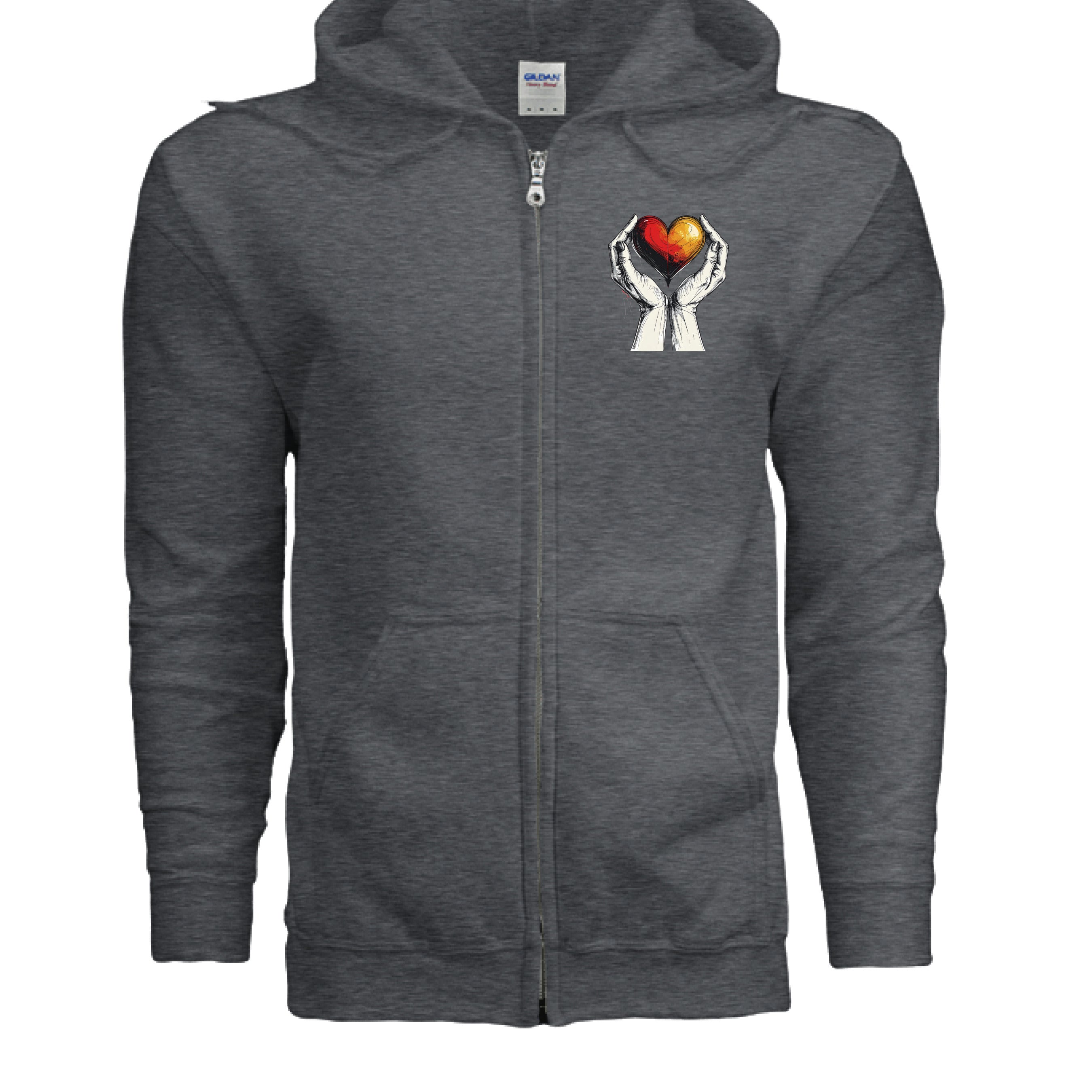 Dark gray hoodie with a graphic of hands holding a heart on the chest area against a white background
