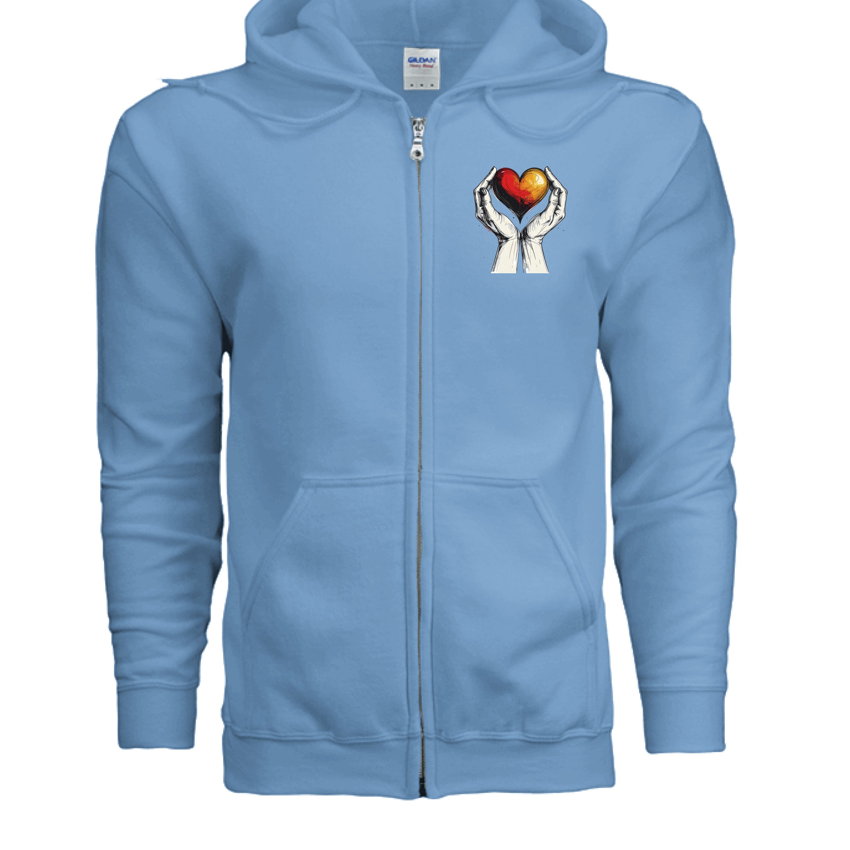 Light blue hoodie with a graphic of hands holding a heart on the chest area against a white background.