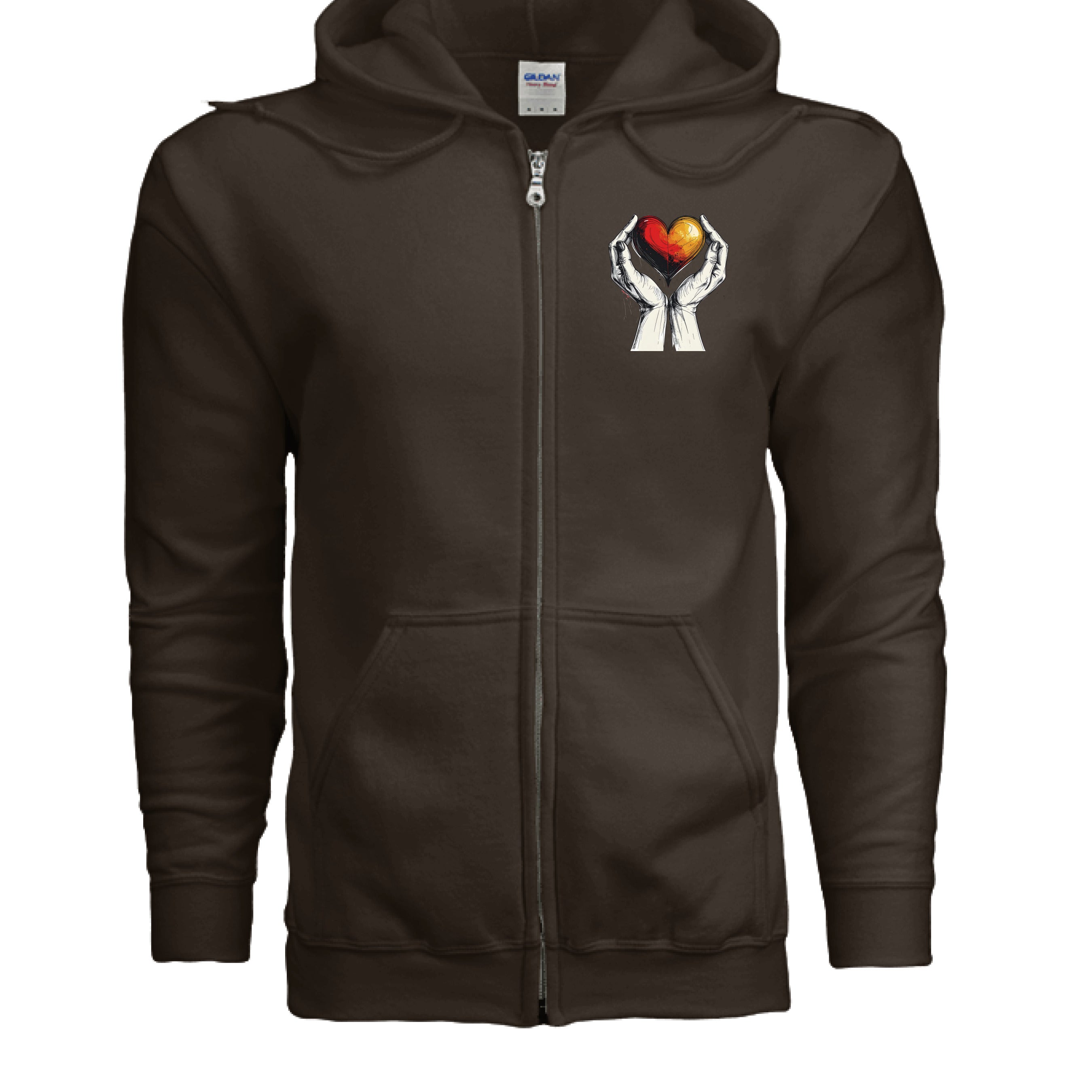 Brown hoodie with a graphic of hands holding a heart on the chest area against a white background