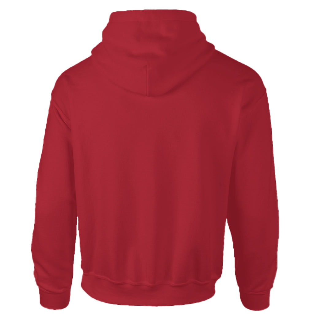 Red hoodie shown from the back on a white background