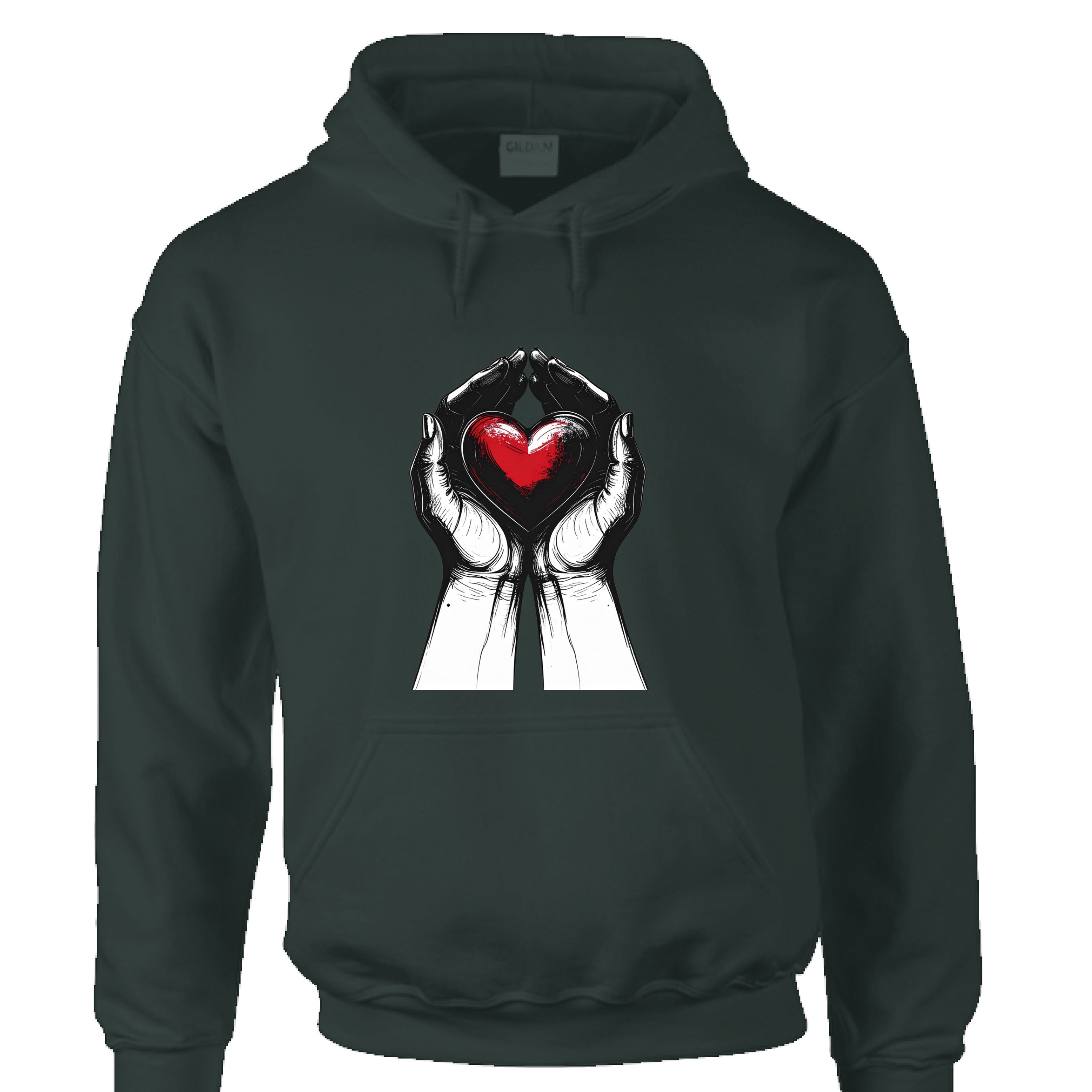 Black hoodie with a graphic of hands holding a red heart on a white background