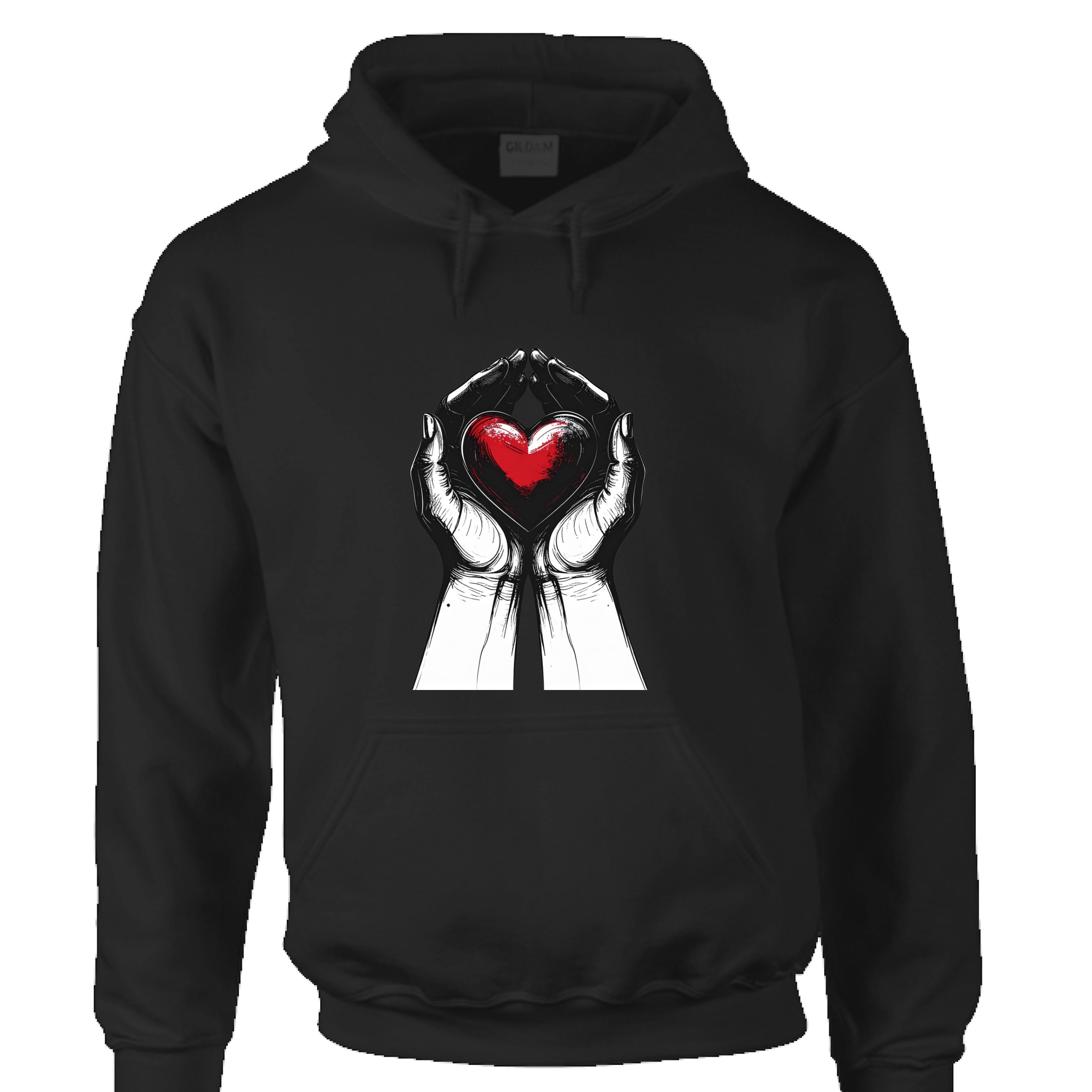 Black hoodie with a graphic of hands holding a red heart on a white background