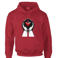 Red hoodie with a graphic of hands holding a red heart on a white background